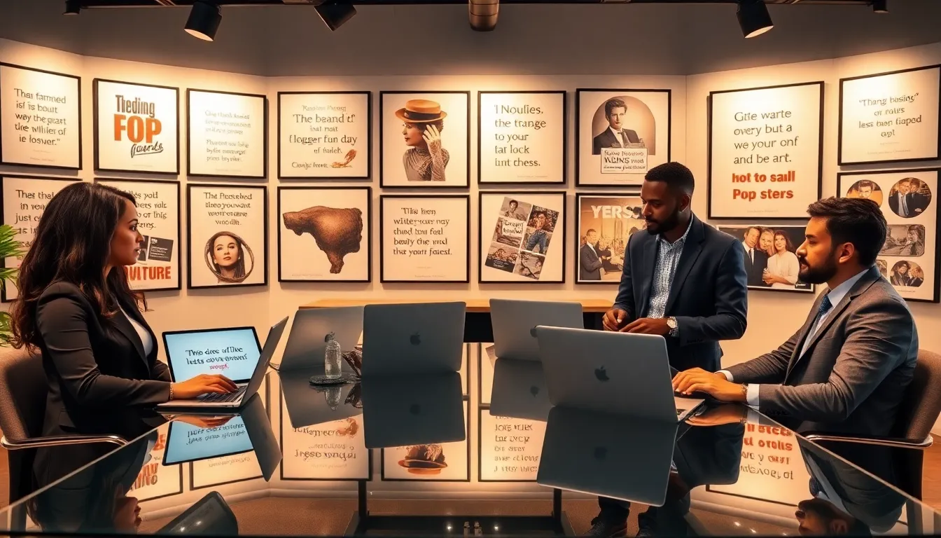 diverse team discussing pop culture quotes in a modern office.