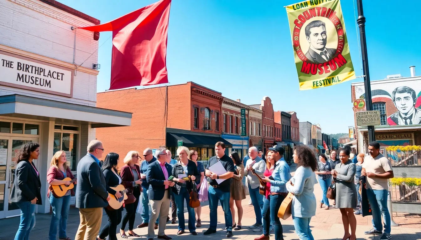 diverse artists collaborating in front of the Birthplace of Country Music Museum.
