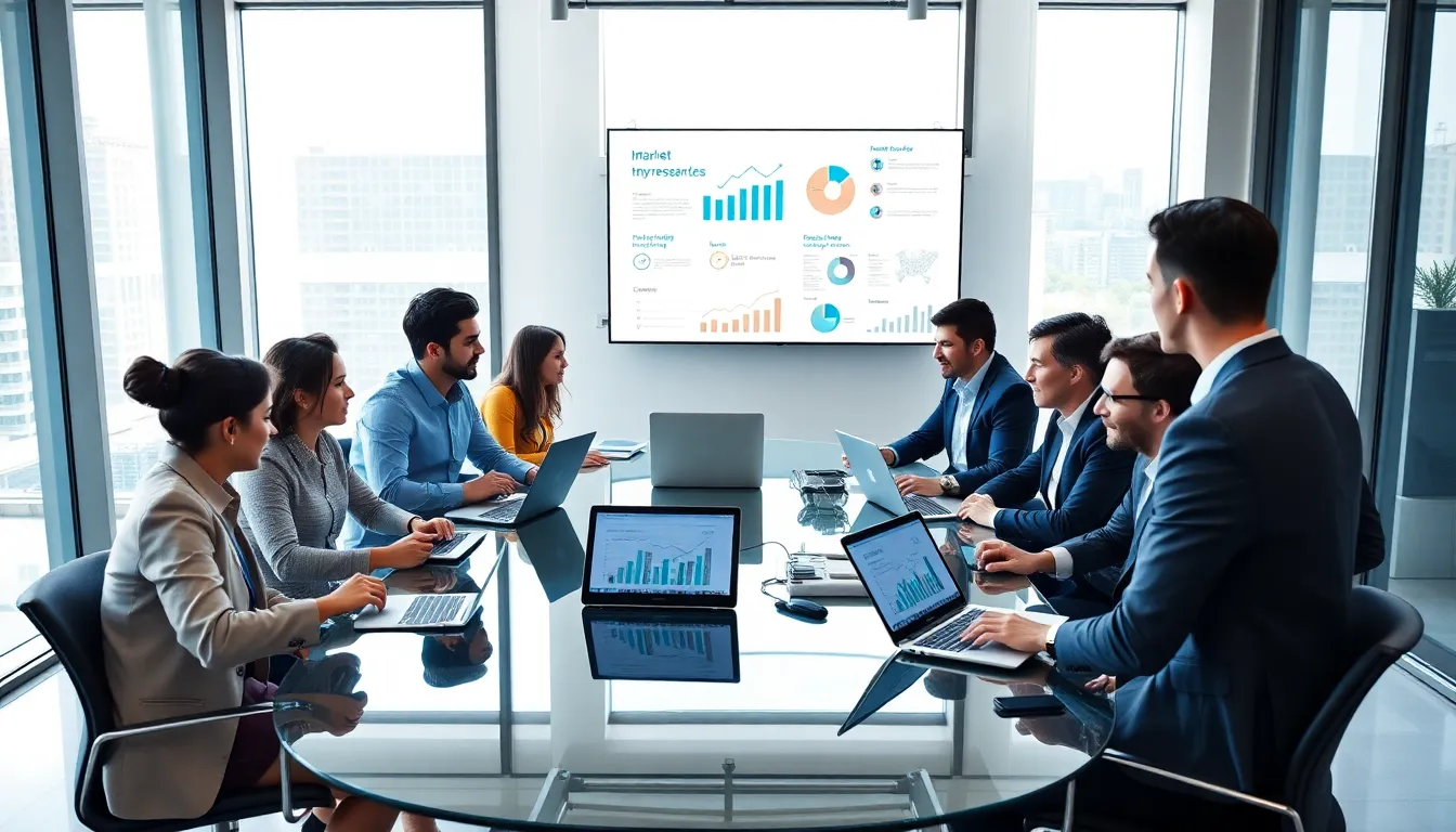 diverse team brainstorming in a modern office about tech market dynamics.