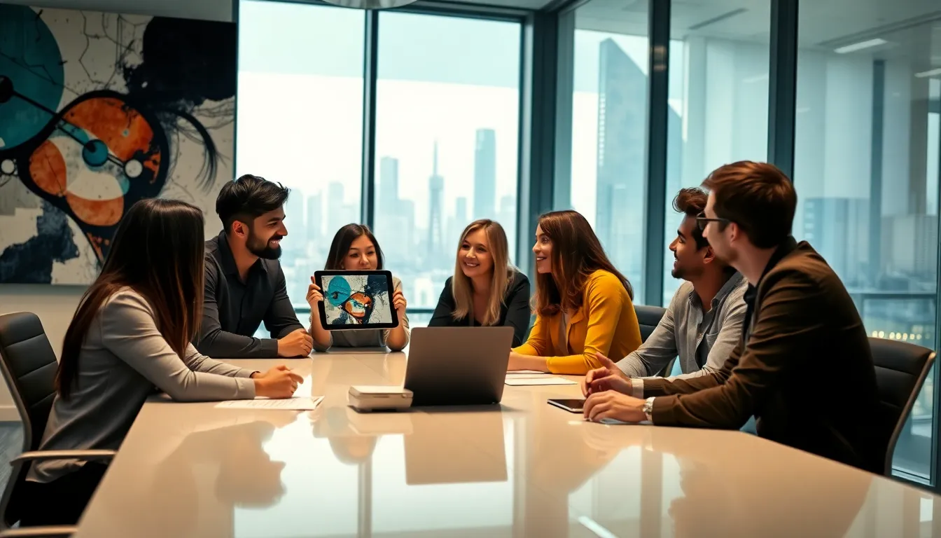young professionals discussing pop culture in a modern office.