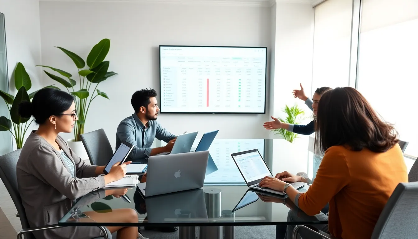 diverse team reviewing financial documents in a modern office.
